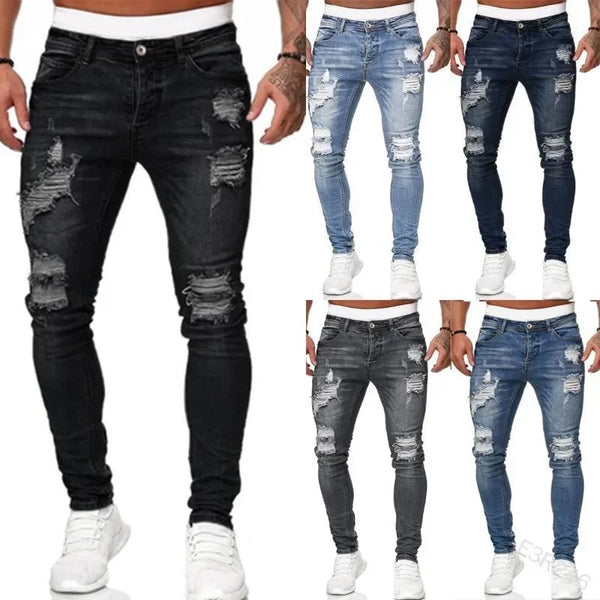 Ripped Skinny Jeans Men Casual Slim Fit Denim Pants Vintage Wash